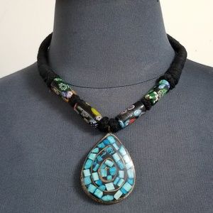 Beaded Necklace Teal Blue Black Tribal Vintage